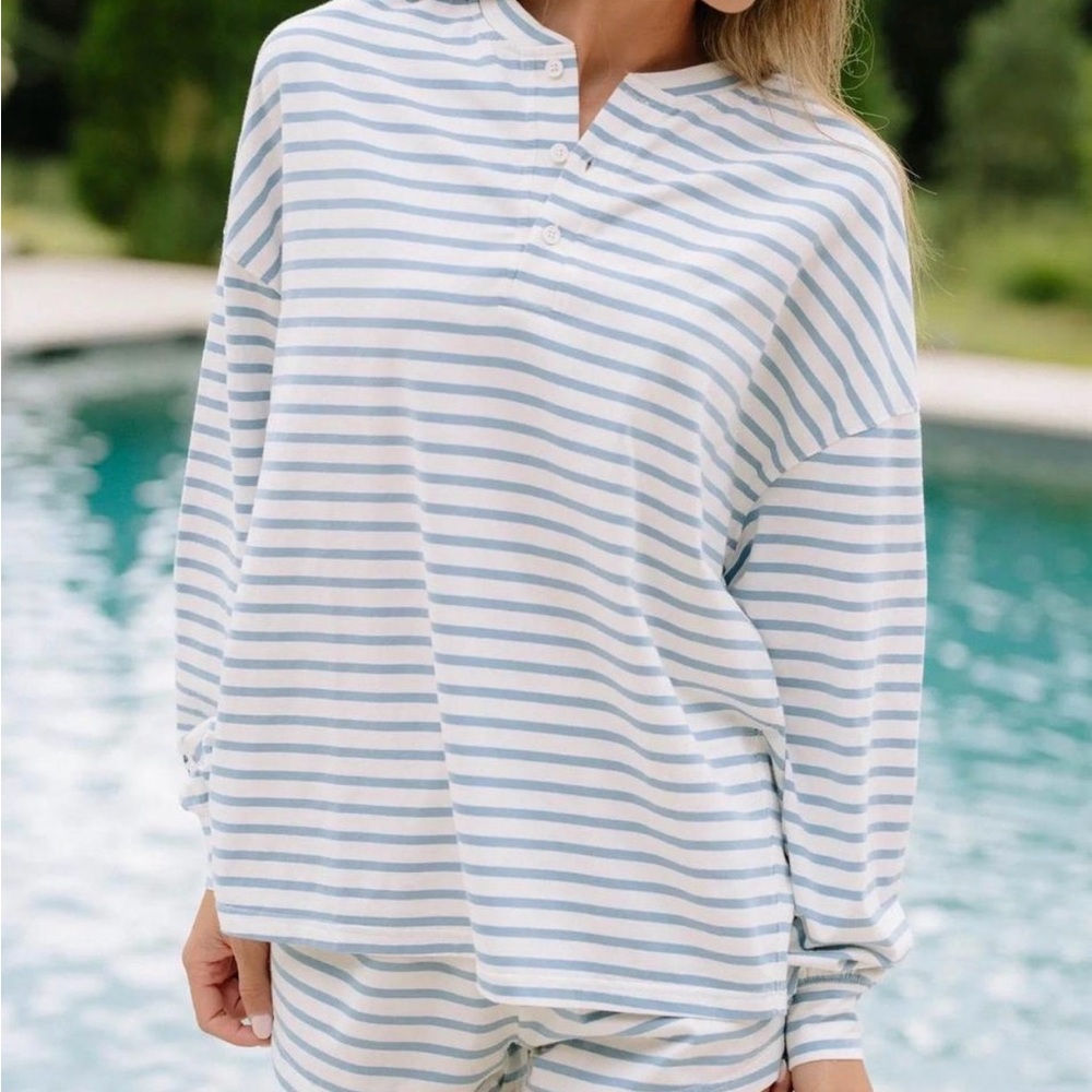 Eleven Eleven Striped Button-Neck Long Sleeve Top - Light Blue & White